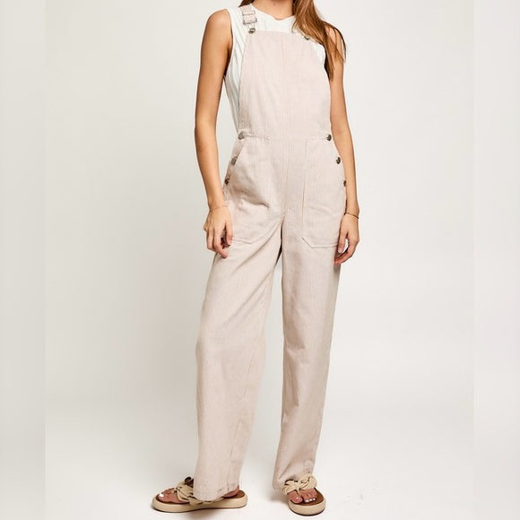 JUMP RIGHT IN PINSTRIPE OVERALL JUMPSUIT