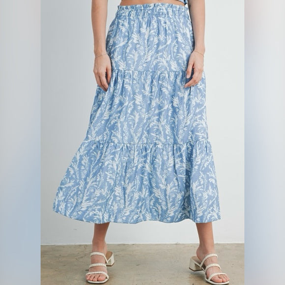 TO THE MOON AND BACK BLUE PATTERNED MAXI SKIRT
