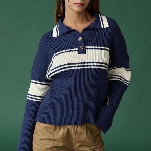 VARSITY CLUB NAVY & CREAM COLLARED SWEATER