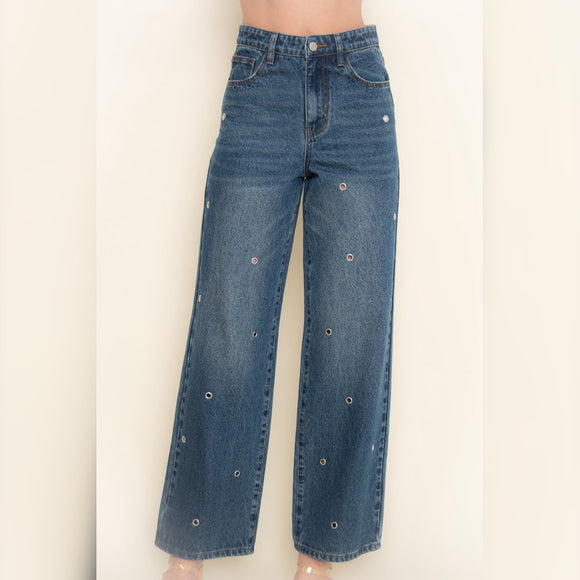 WASHED UP GROMMET DETAIL DENIM JEANS