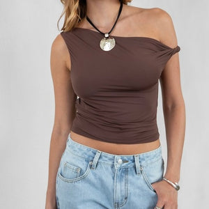 SO SMOOTH BROWN TWIST SHOULDER TOP