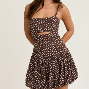 HEART BEATING BROWN FLORAL BUBBLE MINI DRESS