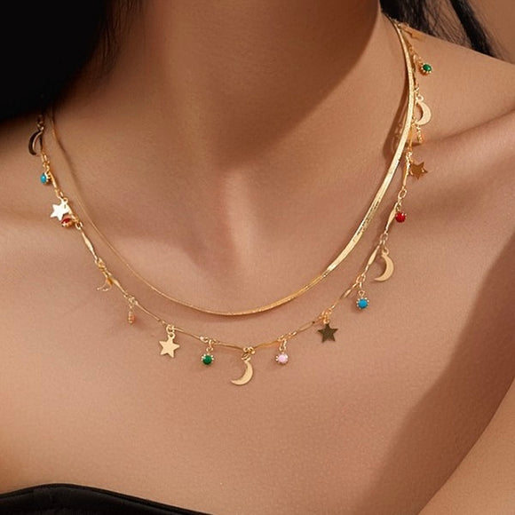 SORAYA LAYERED STAR AND MOON CHARM NECKLACE