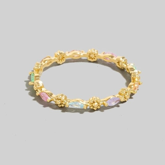 GOLD DIPPED MULTI COLOR RHINESTONE FLOWER RING