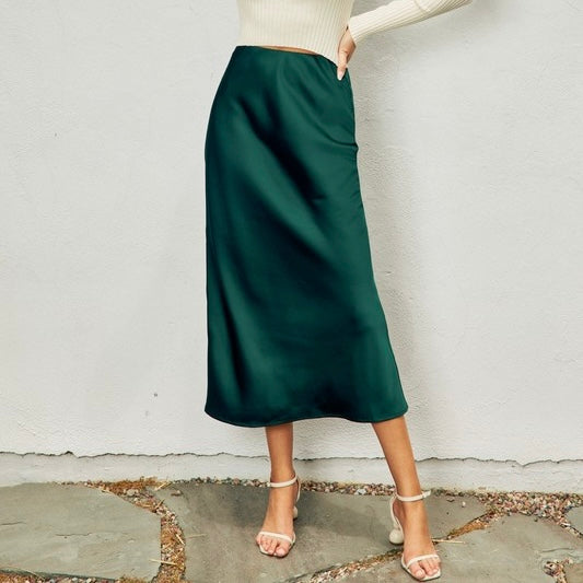 MAKE THE WHOLE PLACE SHIMMER GREEN MIDI SKIRT