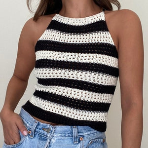 LEVITATING BLACK AND WHITE STRIPED CROCHET TANK TOP