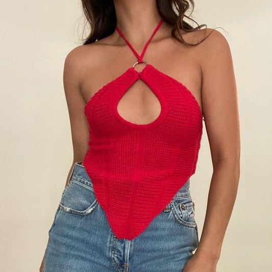OPEN UP RED KNIT HALTER TOP