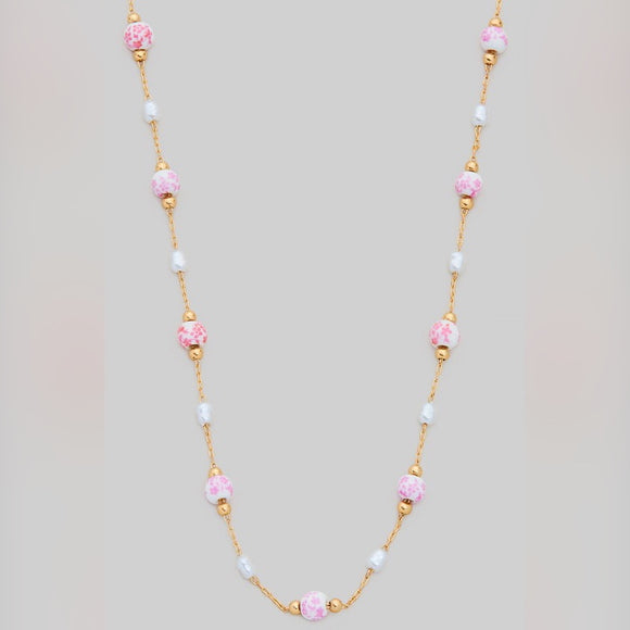 ALTHEA PINK FLORAL CERAMIC BEAD NECKLACE