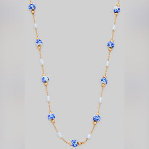 ALTHEA BLUE FLORAL CERAMIC BEAD NECKLACE